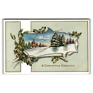Vintage Whitney Christmas Postcard Snowy Church Scene with Mistletoe Border